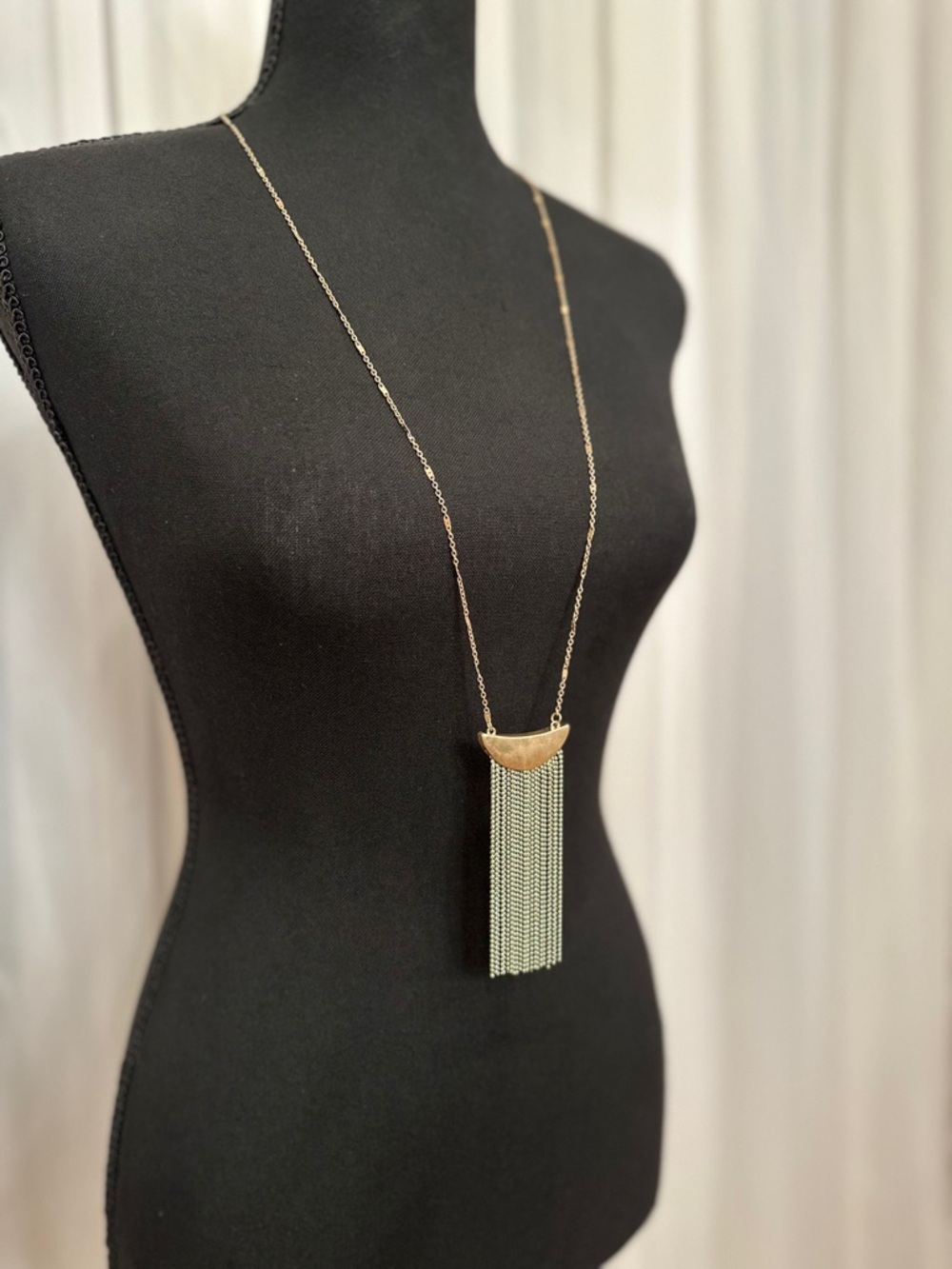 Brushed Gold Tone Long Statement Necklace